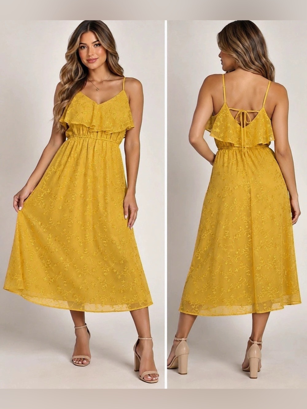 Spirit of Grace Yellow Embroidered Floral Ruffle Midi Dress Size L Strappy